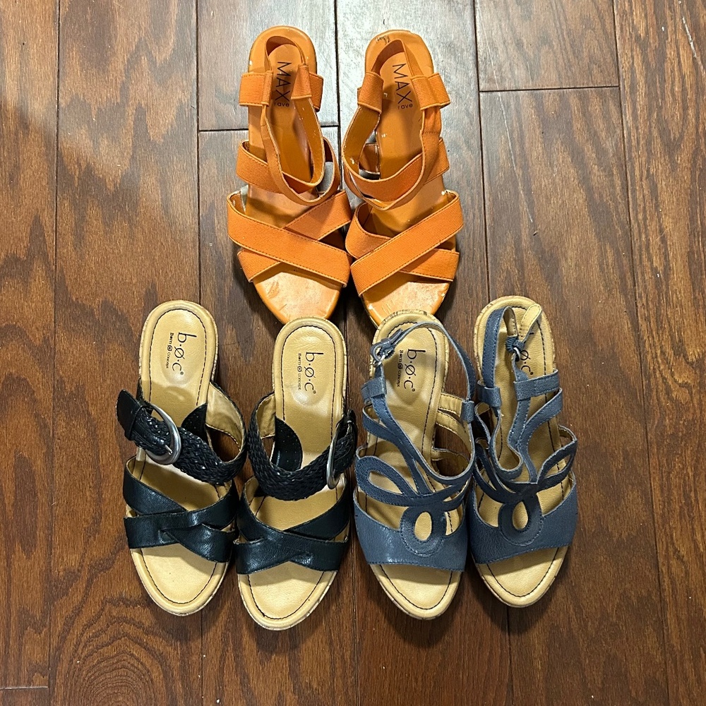 Lot of 3 Strappy Wedge Platform Sandals Orange Blue Black b.o.c and Max Rave